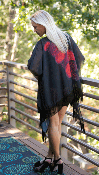 Draped Chiffon Kimono with Sexy Black Fringe - Dipped in Rouge